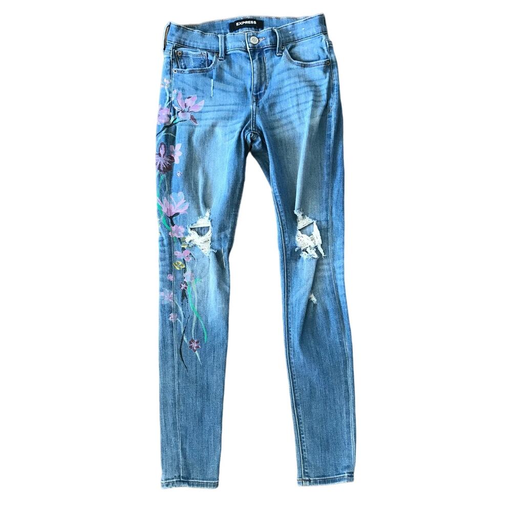 EXPRESS painted flower mid rise tapered denim jeans legging distressed jean